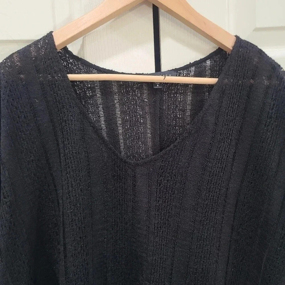 Sanctuary Small V-Neck Oversize Short Sleeve Open Knit Top Black Gray Stripe - Picture 2 of 8